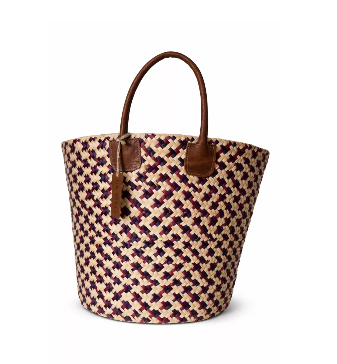 Couffin artisanal en Fibre Naturelle et Cuir – Motif Violet & Beige