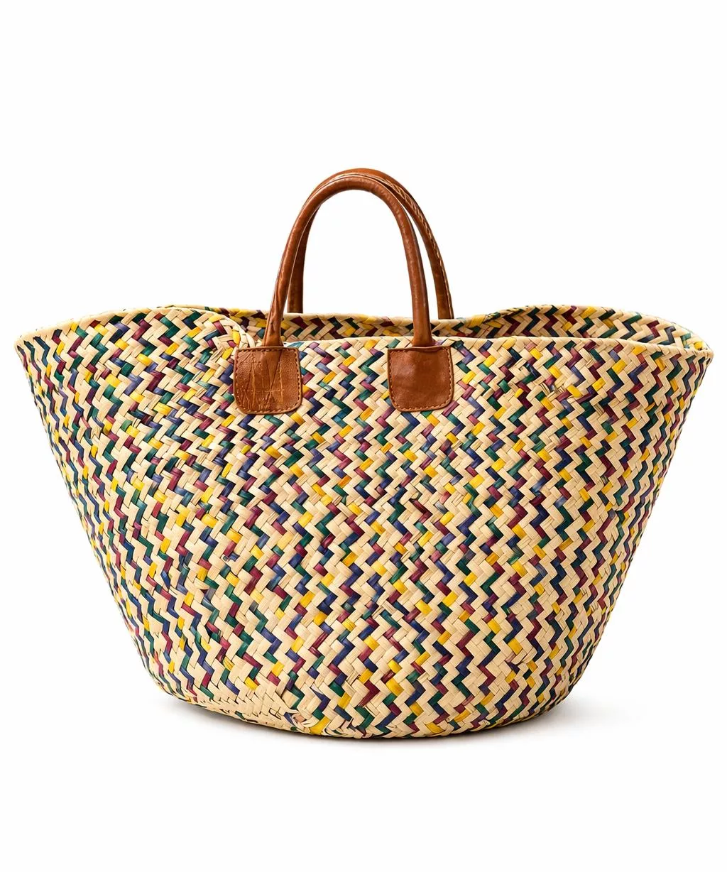 Couffin artisanal en osier multicolore avec anses en cuir