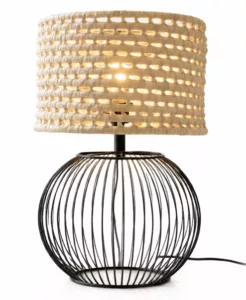 Lampe à poser design en métal noir et abat-jour tressé naturel