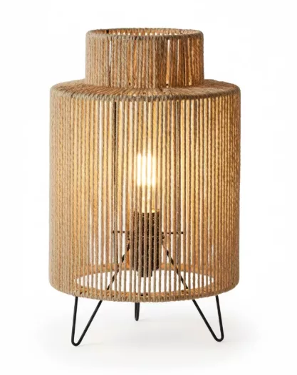 Lampe à poser en corde de jute tressée et métal noir