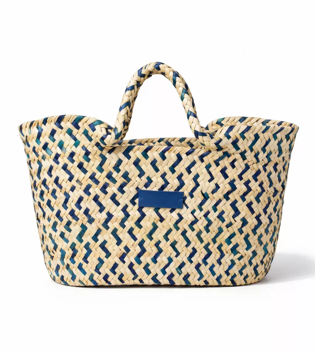 Couffin Artisanal en Fibres Tressées Bleu & Beige – Panier Bohème Chic