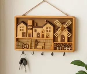 Porte clé mural en bois Scène village avec moulin à vent