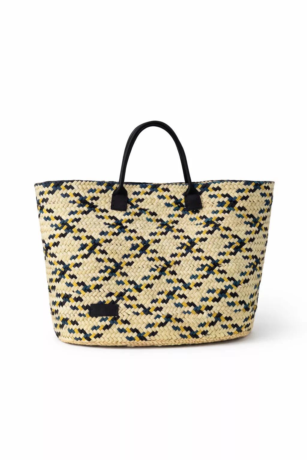 Couffin artisanal en fibres tressées multicolores avec anses noires