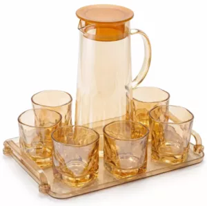 Service à Boisson avec Plateau 8 Pièces Ambre Cristallin