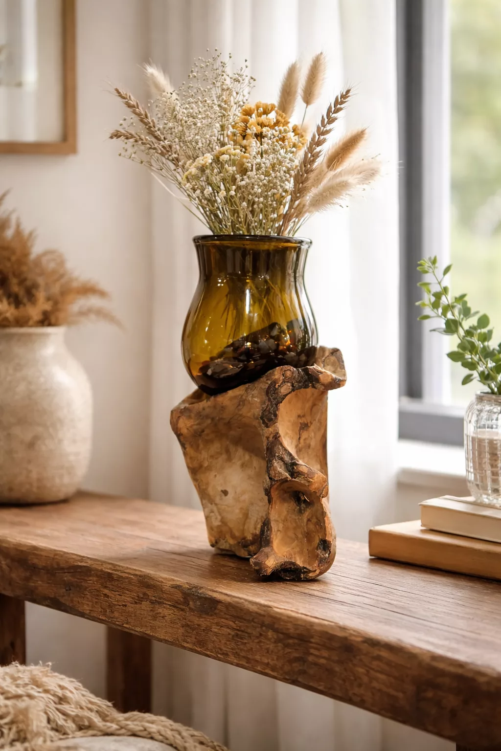 Vase artisanal en bois d’olivier & verre ambré