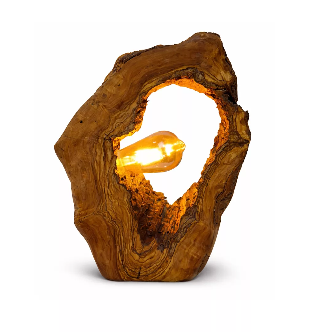 Lampe Artisanale en Bois d’Olivier – Pièce Unique Sculptée à la Main