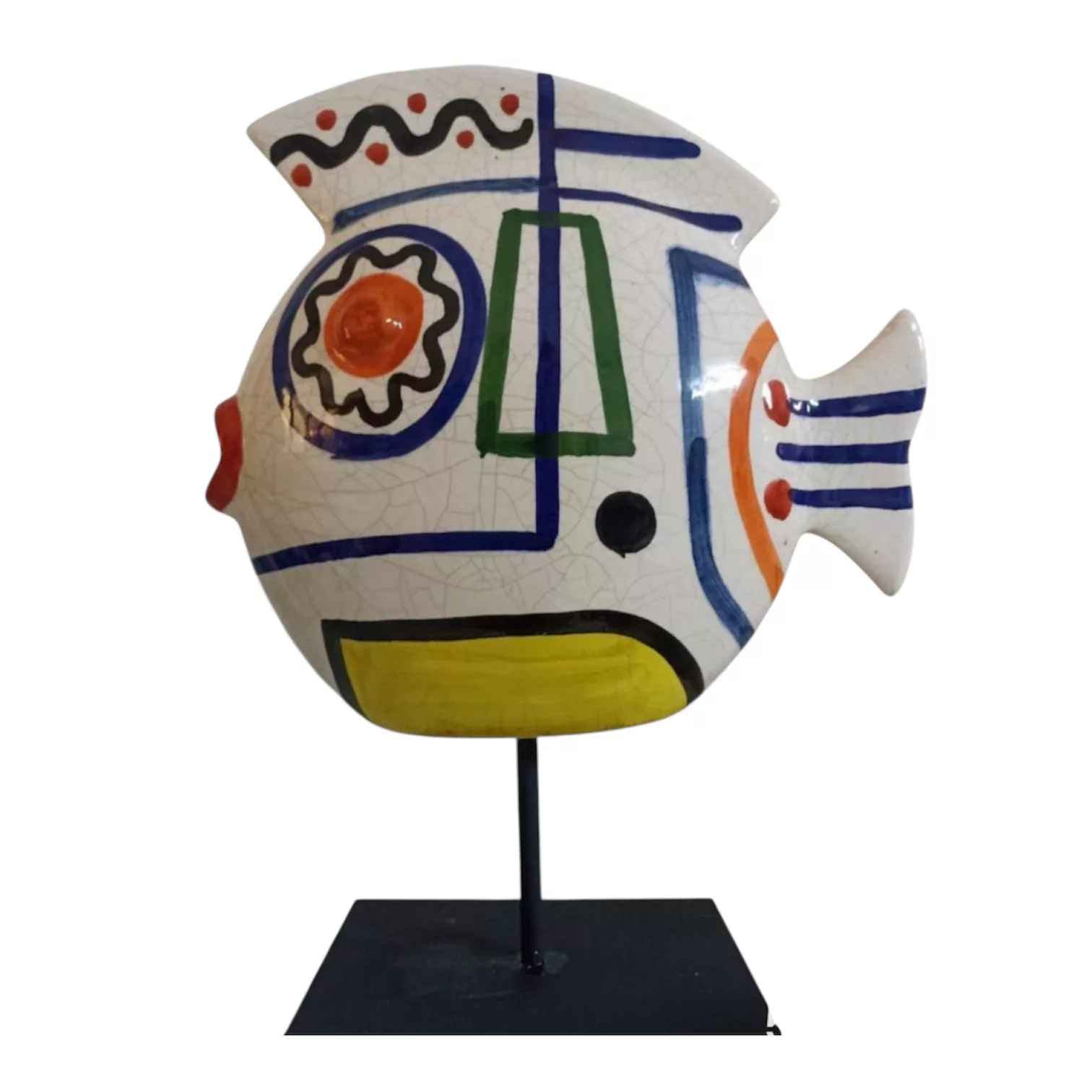 Sculpture Poisson graphique aux lignes colorées - Hauteur 25 cm