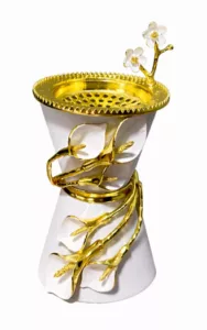 Brûleur d’encens décoratif en céramique blanche et métal doré