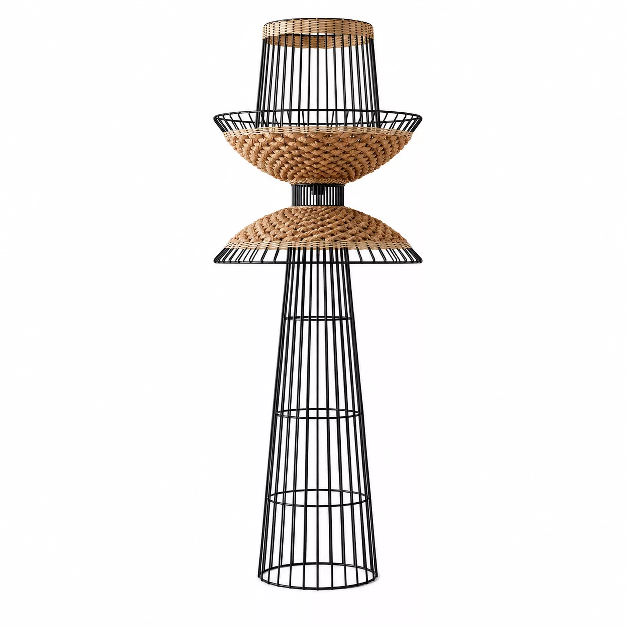 Lampadaire Design Bohème Chic en Métal Noir et Rotin Naturel