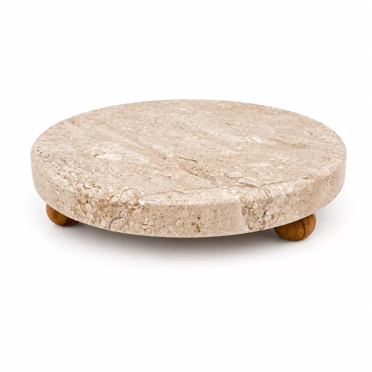 Présentoir rond en marbre beige travertin avec pieds en bois
