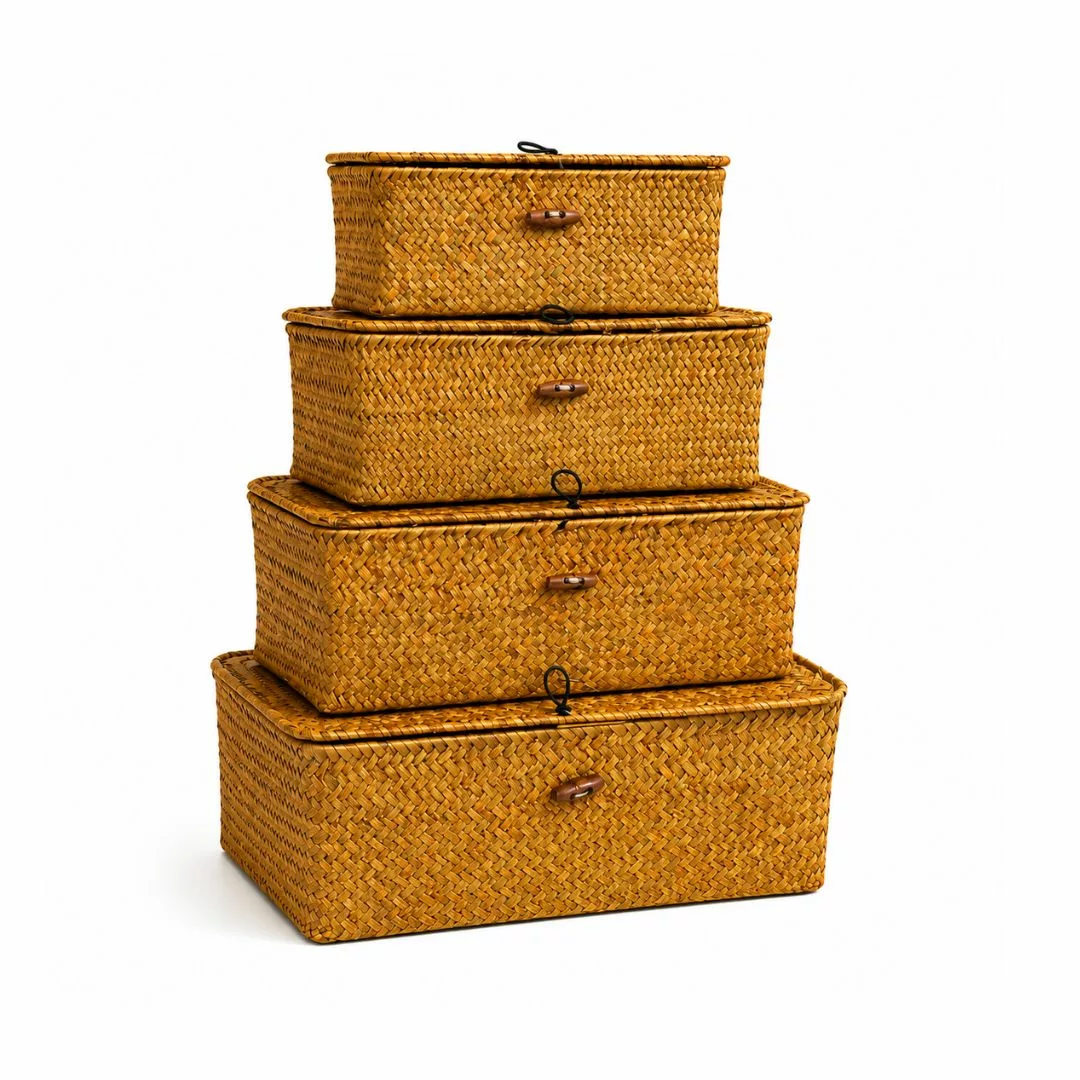Panier de Rangement Tressé avec Couvercle – Lot de 4 Paniers Naturels