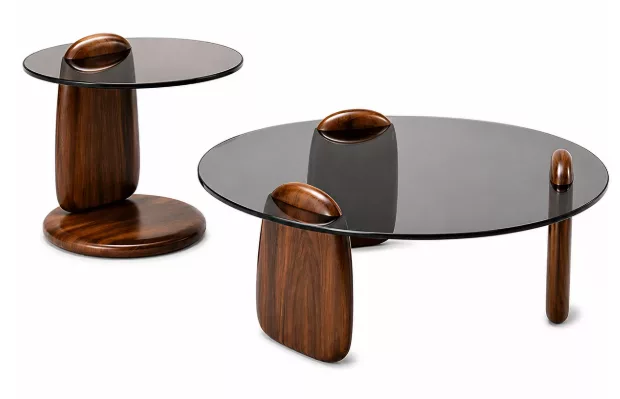 Table Gigogne Design en Verre Fumé & Bois Noyer