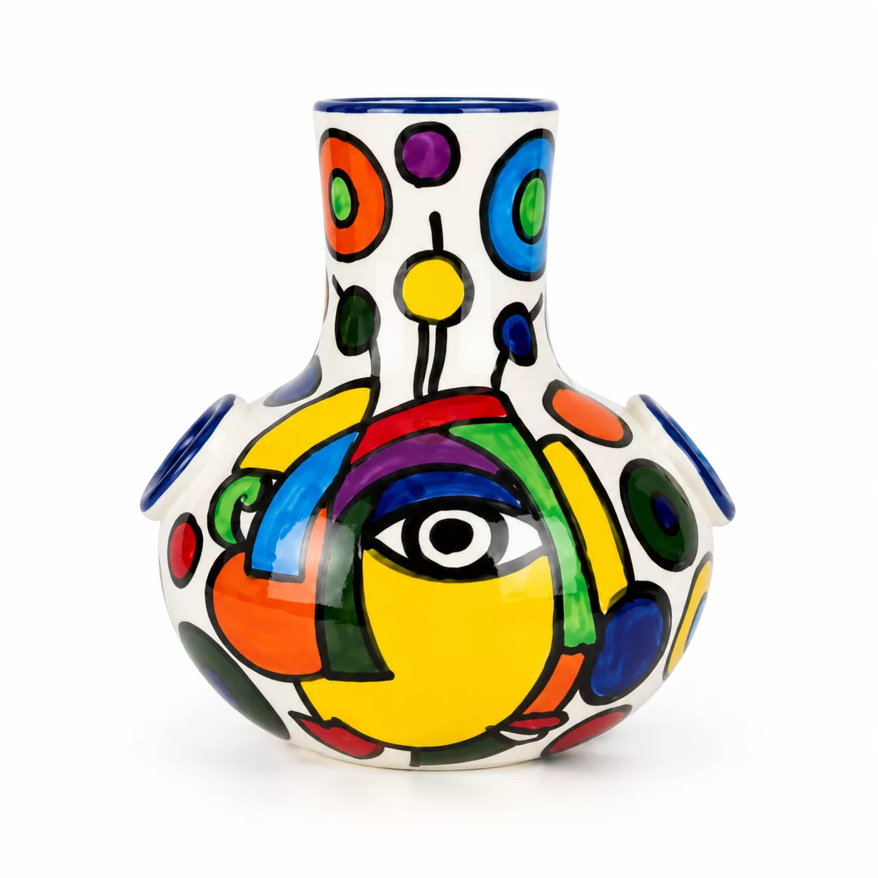 Vase décoratif Pop Art en céramique – Motif visage abstrait multicolore – H 22 x L 22 cm