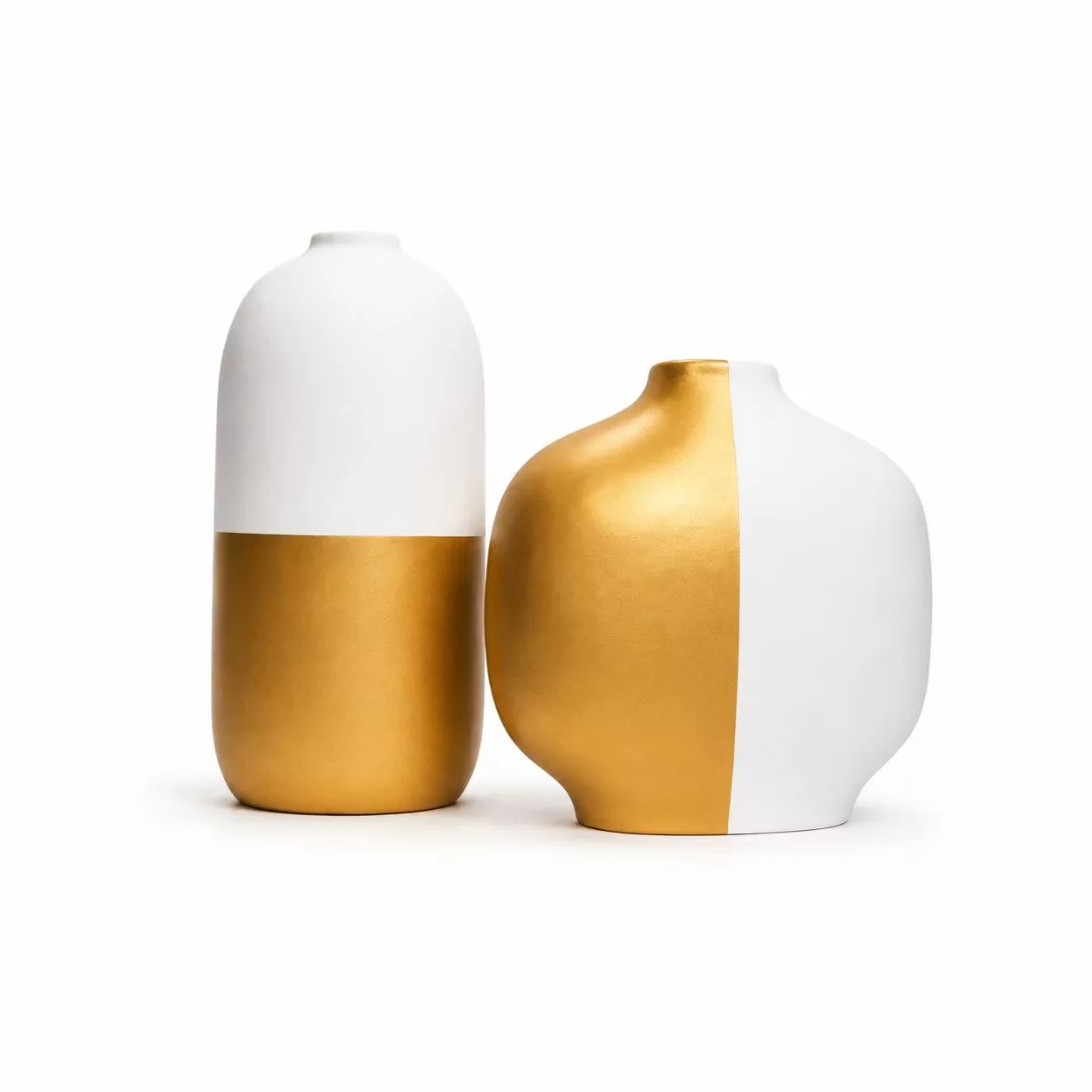Duo de Vases Design Blanc & Doré – Céramique Contemporaine -
