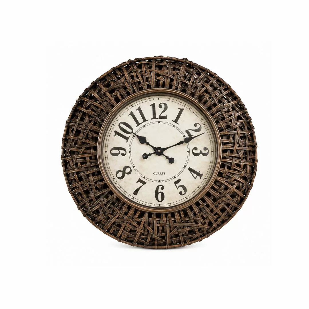 Horloge Murale Ronde Style Vintage Naturel – Cadre Tressé Marron – Ø 50 cm