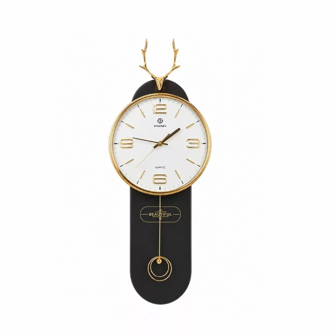 Horloge Murale à Pendule Cerf – Noir & Doré – Style Classique