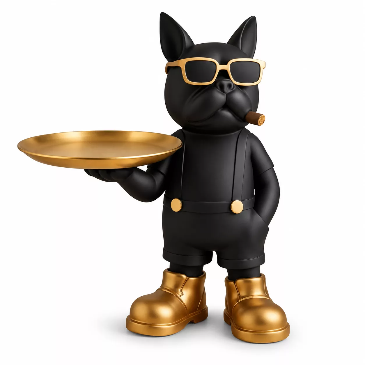 Bouledogue noir sculpté, plateau doré vide