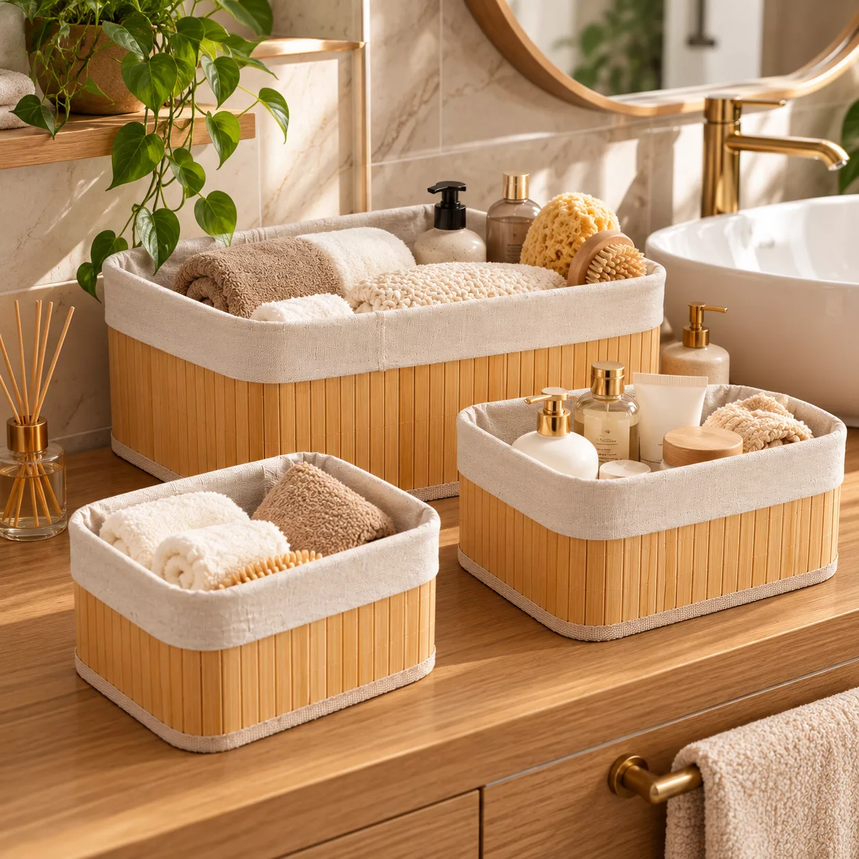 Paniers en bambou dans une salle de bain chaleureuse