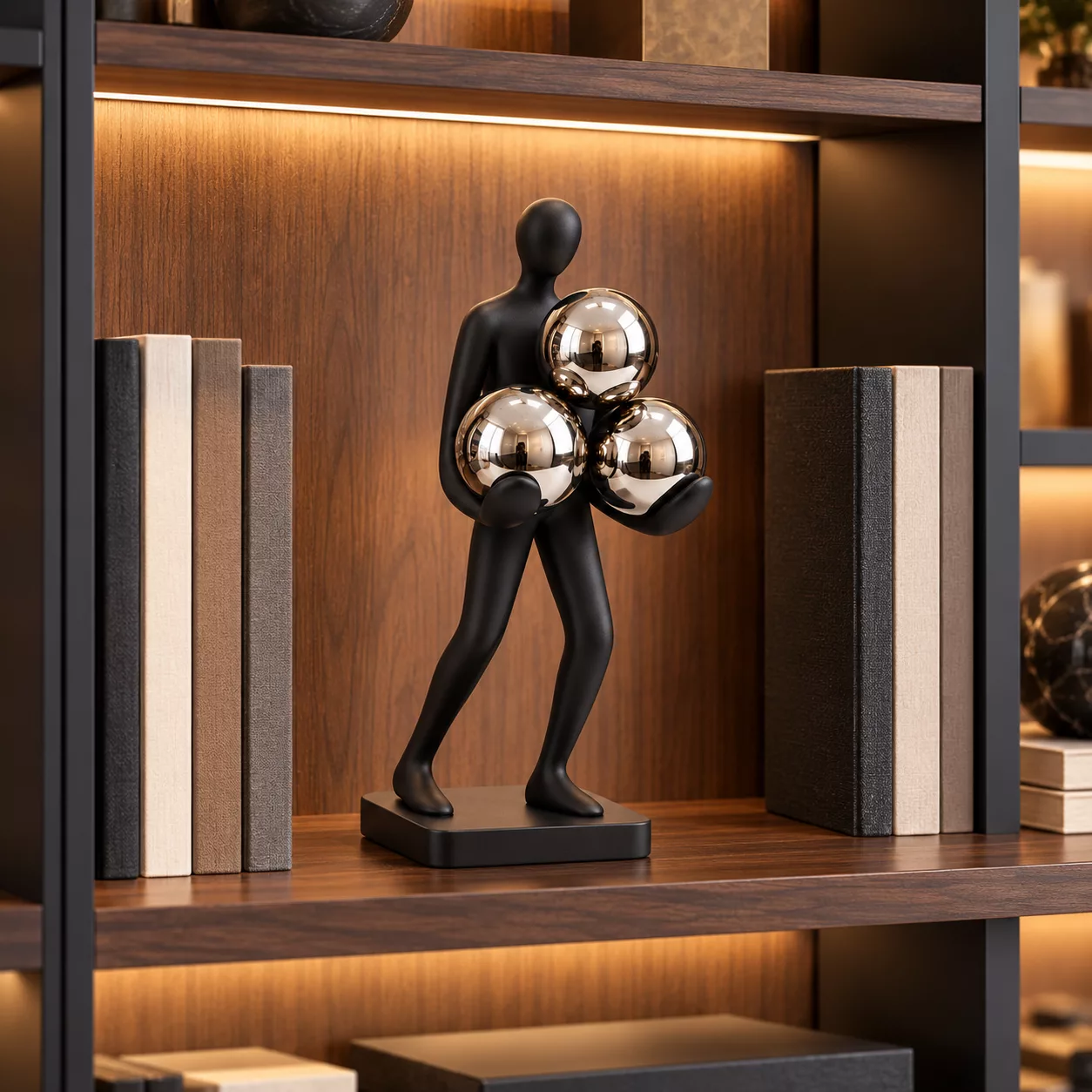Sculpture noire aux trois sphères sur étagère