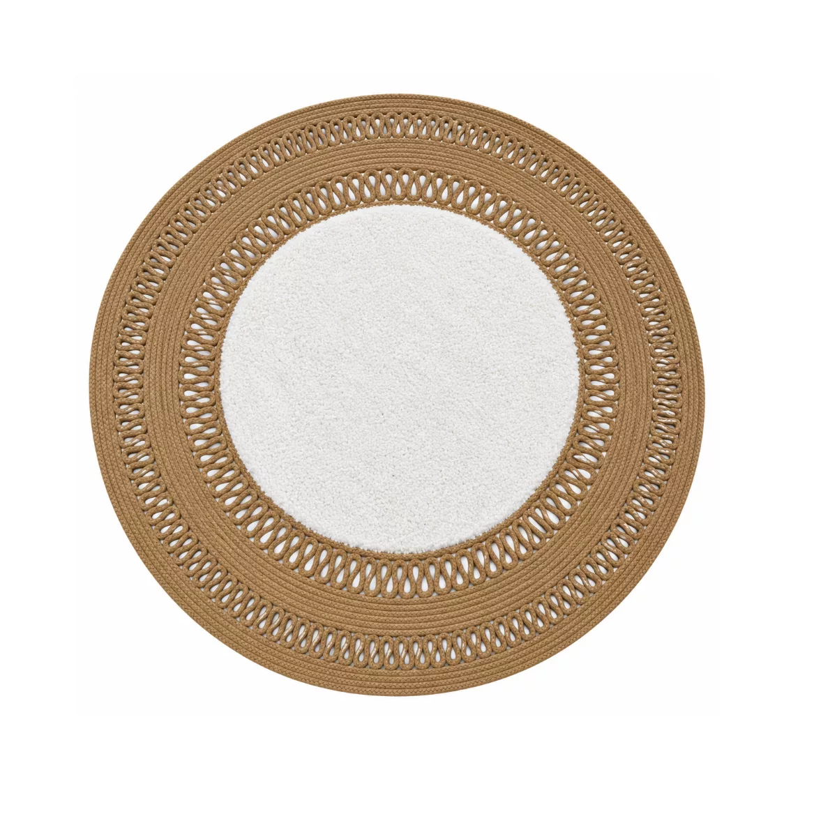Tapis rond blanc à bordure en corde tressée camel – Fait main en Tunisie – Ø 100 cm