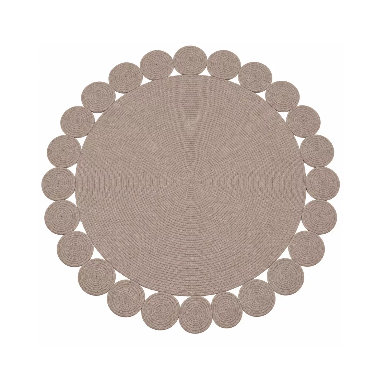 Tapis rond taupe en corde tressée à bord festonné – Ø 130 cm – Fait main en Tunisie