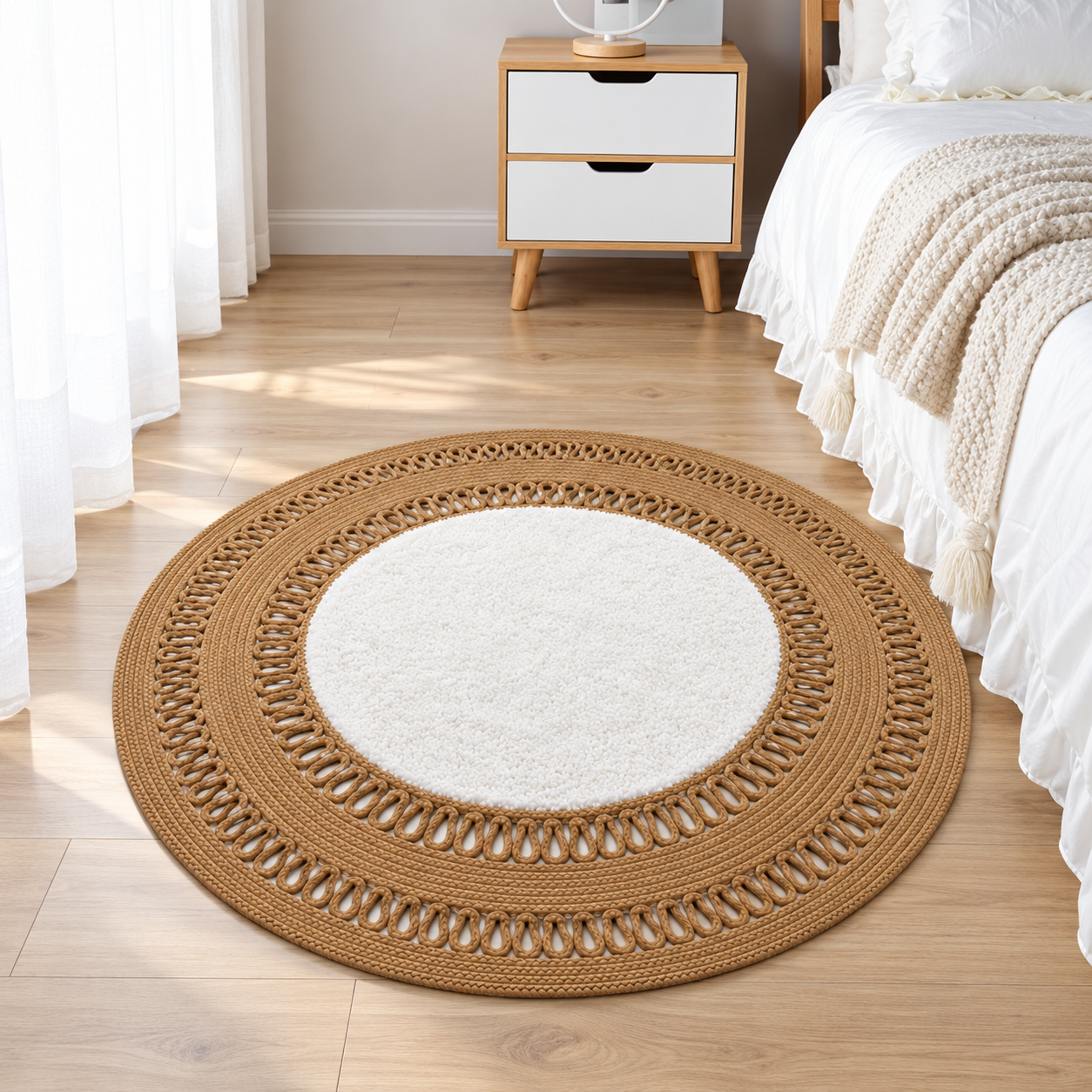 Tapis-rond-blanc-à-bordure-camel