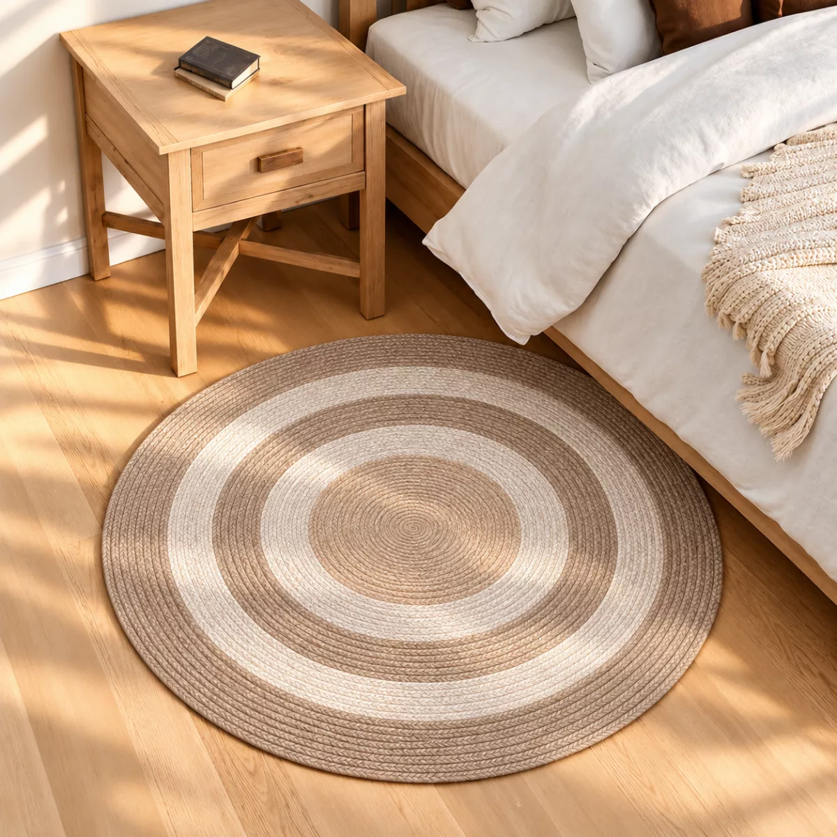 Tapis rond en corde tressée taupe et crème – Ø 130 cm – Fait main en Tunisie