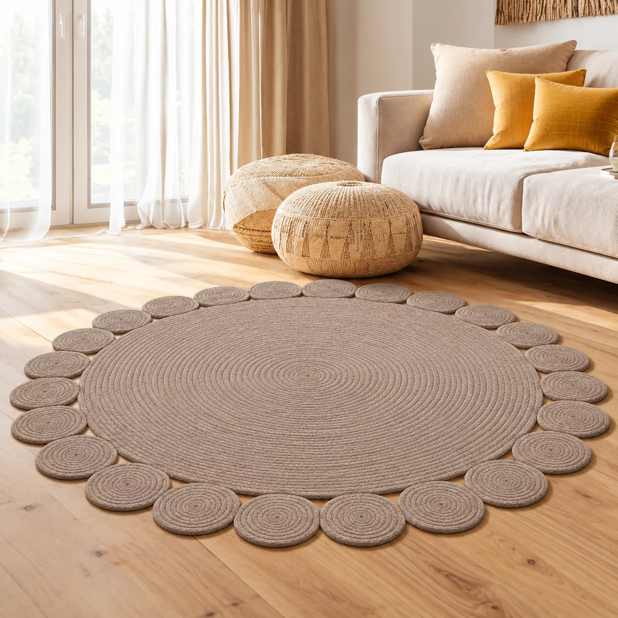 Tapis rond taupe au salon lumineux